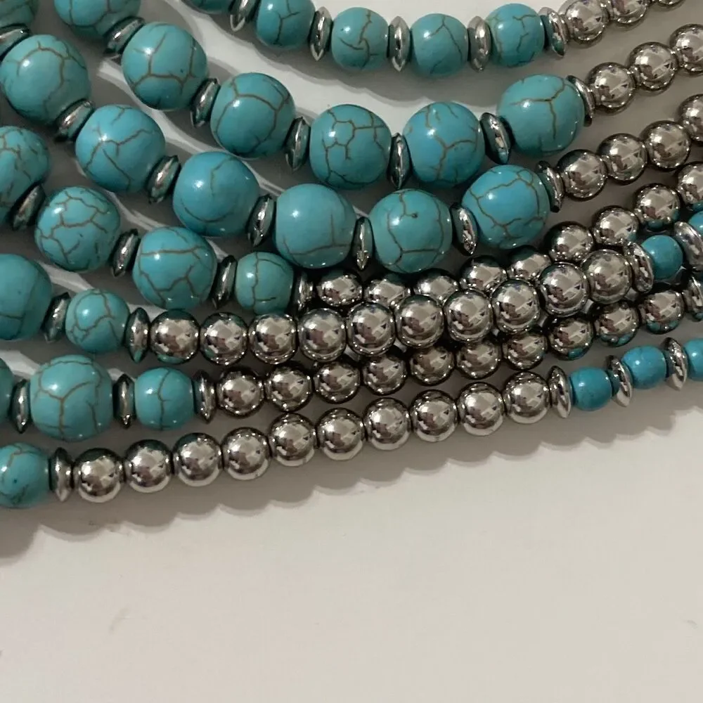 Turquoise Blue 7 Row Multi Layered Necklace Silver Tone Round Beads Chain